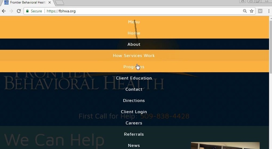 Figure 6: Frontier Behavioral Health drop-down menu on homepage
