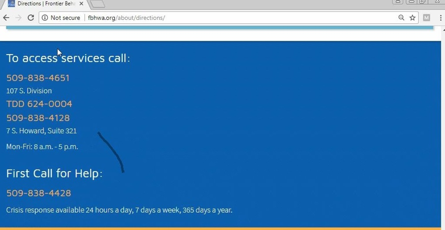Figure 7: Frontier Behavioral Health Primary Contact Information on homepage