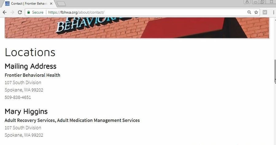 Figure 8: Locations list under Contact of the Frontier Behavioral Health Website