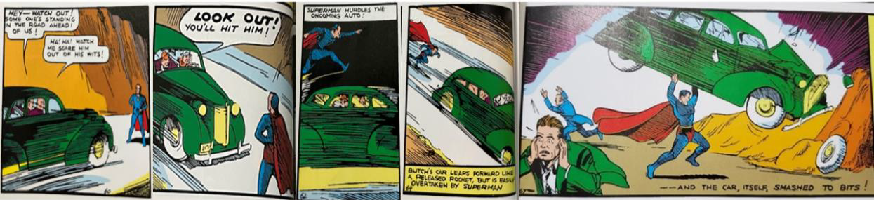 Images from comic book panels of Superman interacting with a green car.