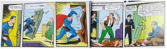 Images from comic book panels of Superman with broken doors.