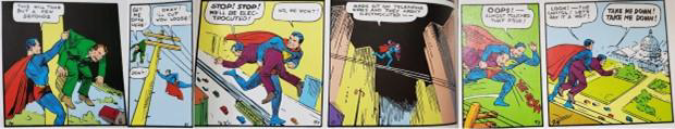 Images from comic book panels of Superman with telephone lines.